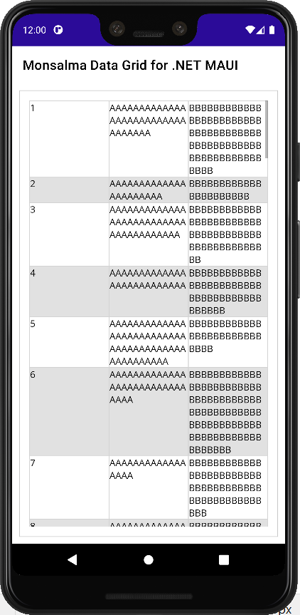 Data Grid for .NET MAUI - Version 1.0.3 - Demo - UI Virtualization - Android