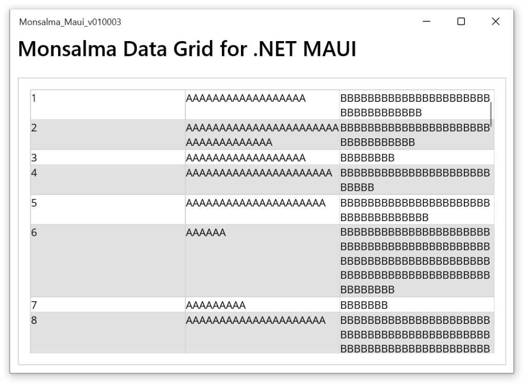 Data Grid for .NET MAUI - Version 1.0.3 - Demo - UI Virtualization - Windows