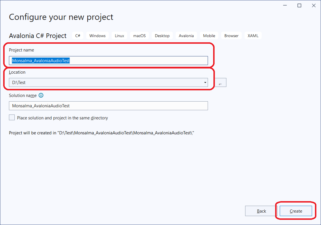 Avalonia UI - Audio Test - Enter project name and location