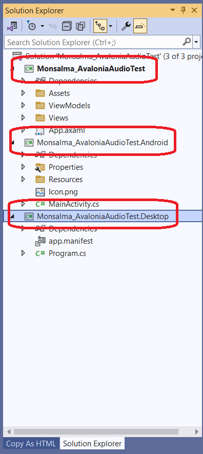 Avalonia UI - Audio Test - Application projects (common, Android and Windows)