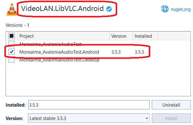 Avalonia UI - Audio Test - Installing VideoLAN.LibVLC.Android NuGet package to the Android project