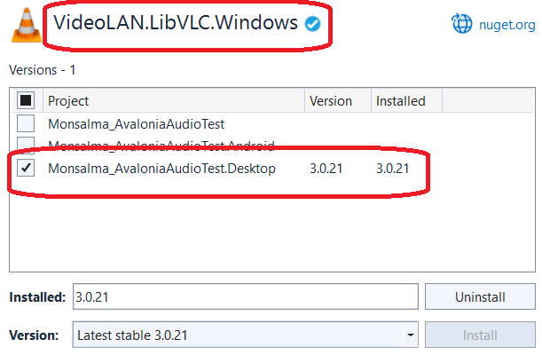 Avalonia UI - Audio Test - Installing VideoLAN.LibVLC.Windows NuGet package to the Windows project