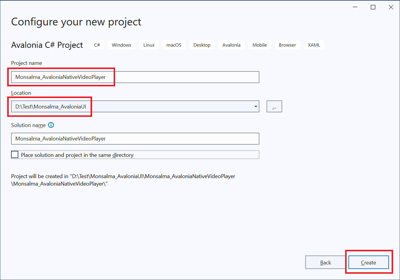 Avalonia UI - Native Video Playback - 03 - Enter project name and location