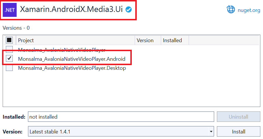 Avalonia UI - Native Video Playback - 16 - Adding Xamarin.AndroidX.Media3.Ui NuGet package